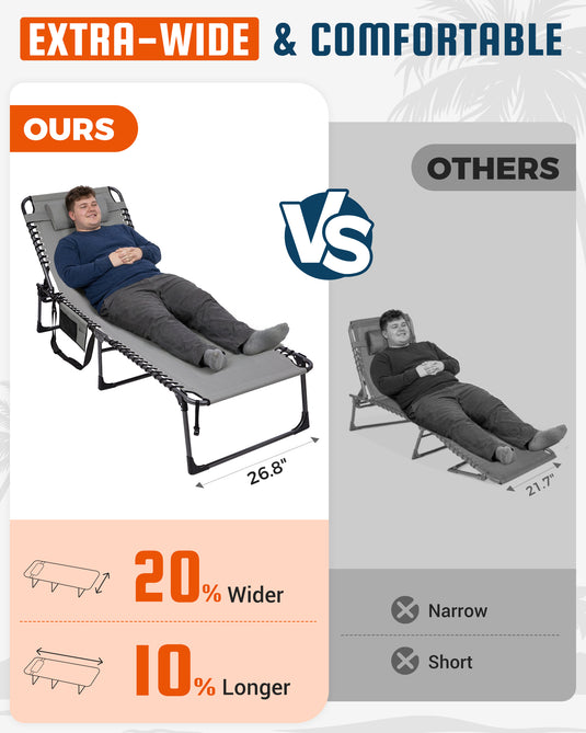 KingCamp MAGNOLIA B40 Oversized Padded Lounge Chair | Extra-Wide & Long 7-Position Folding Sun Lounger Grey