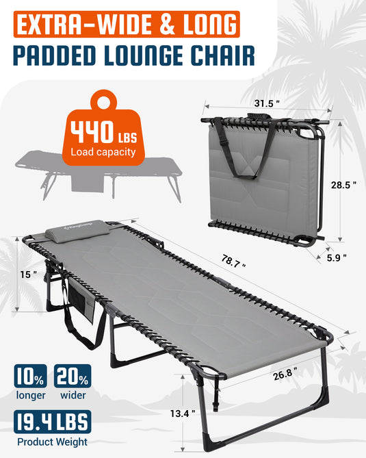 KingCamp MAGNOLIA B40 Oversized Padded Lounge Chair | Extra-Wide & Long 7-Position Folding Sun Lounger Grey