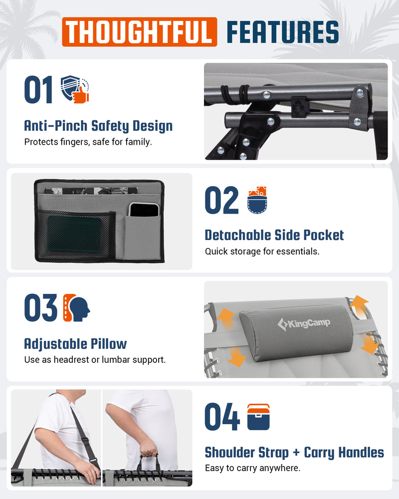 Load image into Gallery viewer, KingCamp MAGNOLIA B40 Oversized Padded Lounge Chair | Extra-Wide &amp; Long 7-Position Folding Sun Lounger Grey with Detachable side pocket
