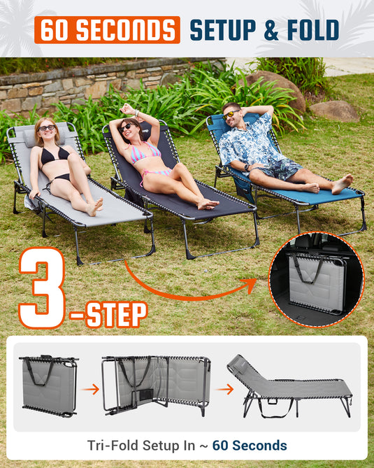 KingCamp MAGNOLIA B40 Oversized Padded Lounge Chair | Extra-Wide & Long 7-Position Folding Sun Lounger with High-Density PU Foam, Tri-Fold Setup In ~ 60 Seconds
