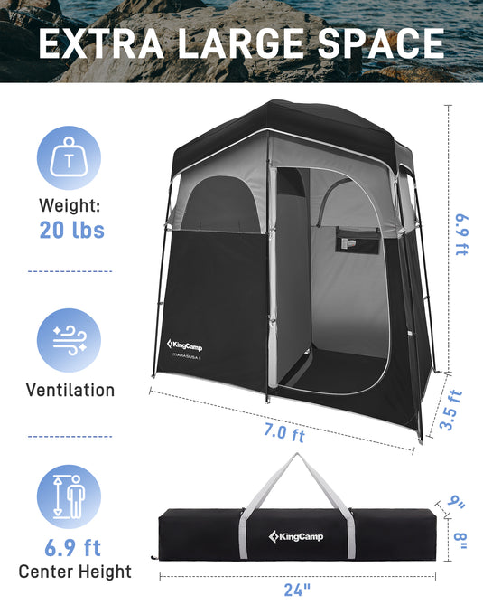 KingCamp MARASUSA II Double Privacy Shelter with 20L Solar Shower Bag | 2-Room Camping Shower Tent, UPF50+ Sun Protection, Portable Outdoor Shower Kit for Camping, Beach & Festivals