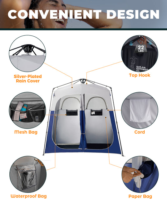 KingCamp MARASUSA Q II Double Privacy Shelter | 2-Room Pop-Up Shower Tent with UPF50+ Sun Protection, XL 7x7ft Interior for Camping Shower, Toilet & Changing Room