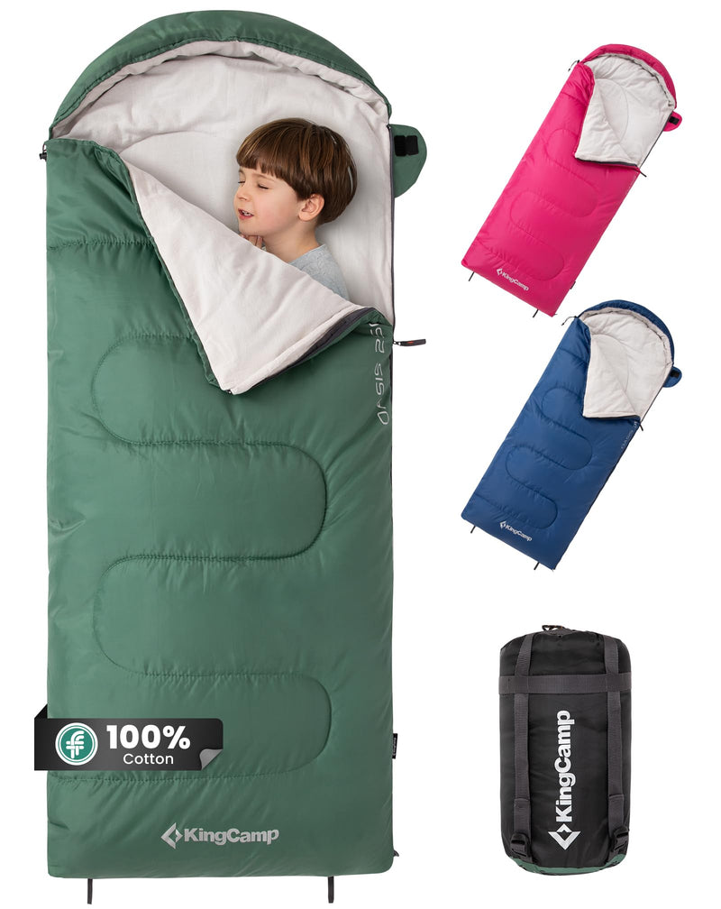 Load image into Gallery viewer, KingCamp Oasis 250S+ Kids Sleeping Bag | Hooded Envelope Bag with 100% Cotton Flannel Lining, 250g/m² Warm Insulation, Compression Sack for Camping, Sleepovers &amp; Home Use Green
