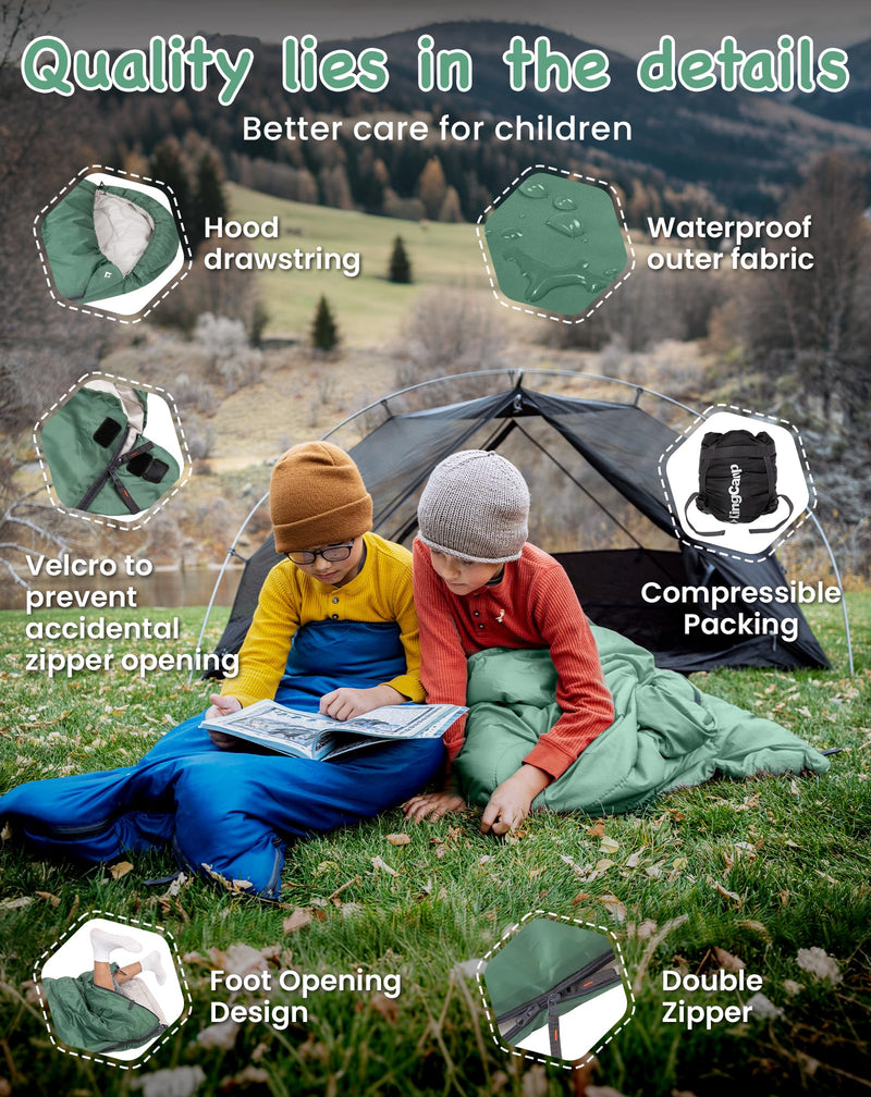Load image into Gallery viewer, KingCamp Oasis 250S+ Kids Sleeping Bag | Hooded Envelope Bag with 100% Cotton Flannel Lining, 250g/m² Warm Insulation, Compression Sack for Camping, Sleepovers &amp; Home Use Green
