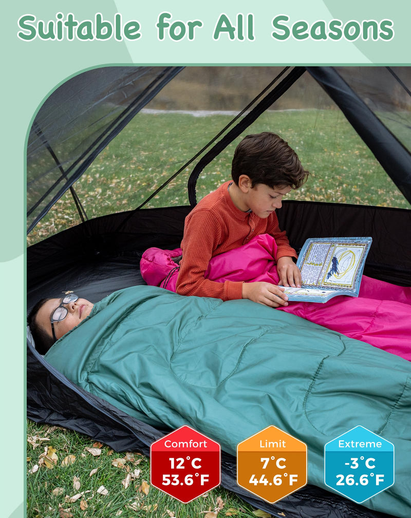 Load image into Gallery viewer, KingCamp Oasis 250S+ Kids Sleeping Bag | Hooded Envelope Bag with 100% Cotton Flannel Lining, 250g/m² Warm Insulation, Compression Sack for Camping, Sleepovers &amp; Home Use
