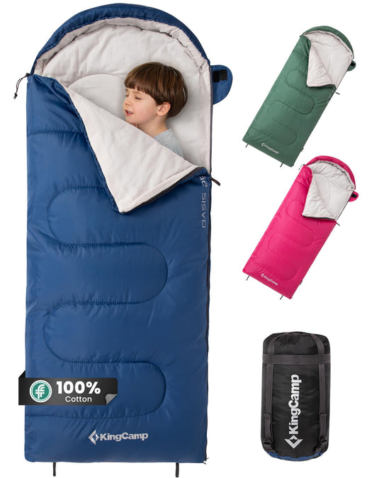 KingCamp Oasis 250S+ Kids Sleeping Bag | Hooded Envelope Bag with 100% Cotton Flannel Lining, 250g/m² Warm Insulation, Compression Sack for Camping, Sleepovers & Home Use Navy