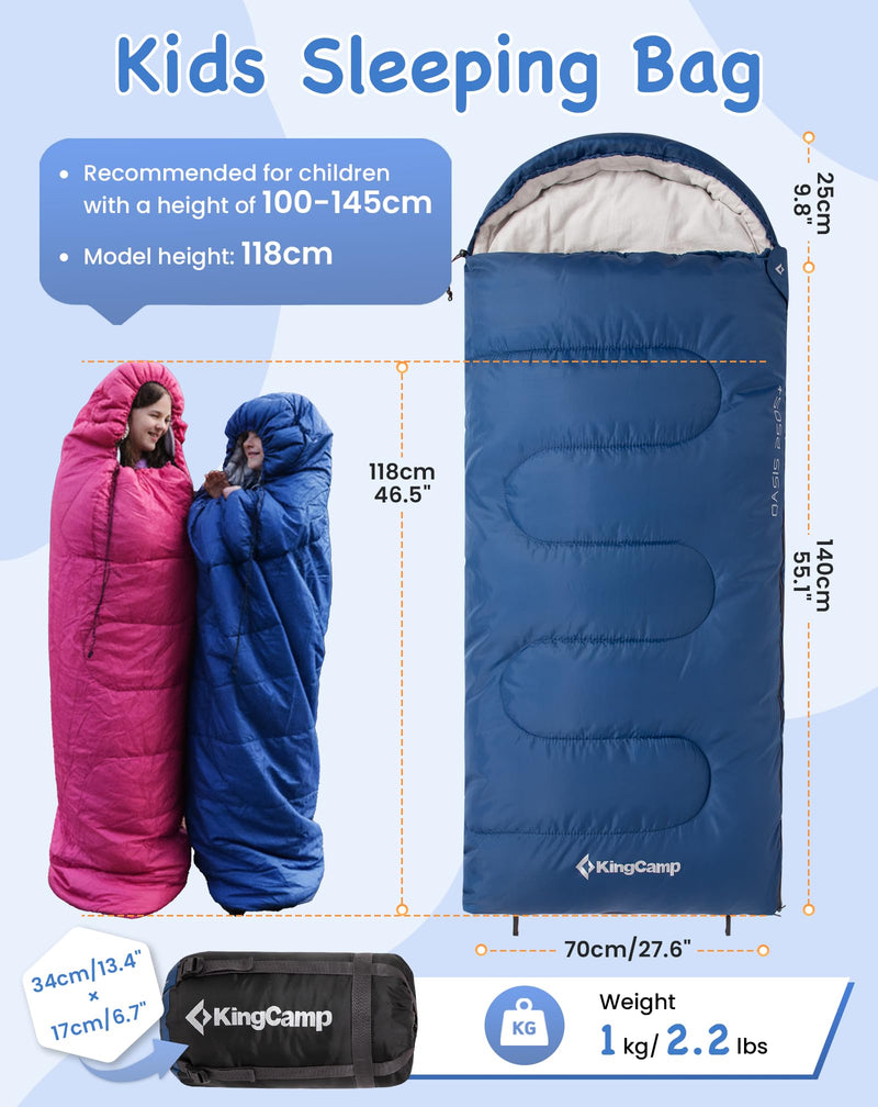 Load image into Gallery viewer, KingCamp Oasis 250S+ Kids Sleeping Bag | Hooded Envelope Bag with 100% Cotton Flannel Lining, 250g/m² Warm Insulation, Compression Sack for Camping, Sleepovers &amp; Home Use Navy
