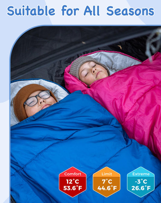 KingCamp Oasis 250S+ Kids Sleeping Bag | Hooded Envelope Bag with 100% Cotton Flannel Lining, 250g/m² Warm Insulation, Compression Sack for Camping, Sleepovers & Home Use Navy