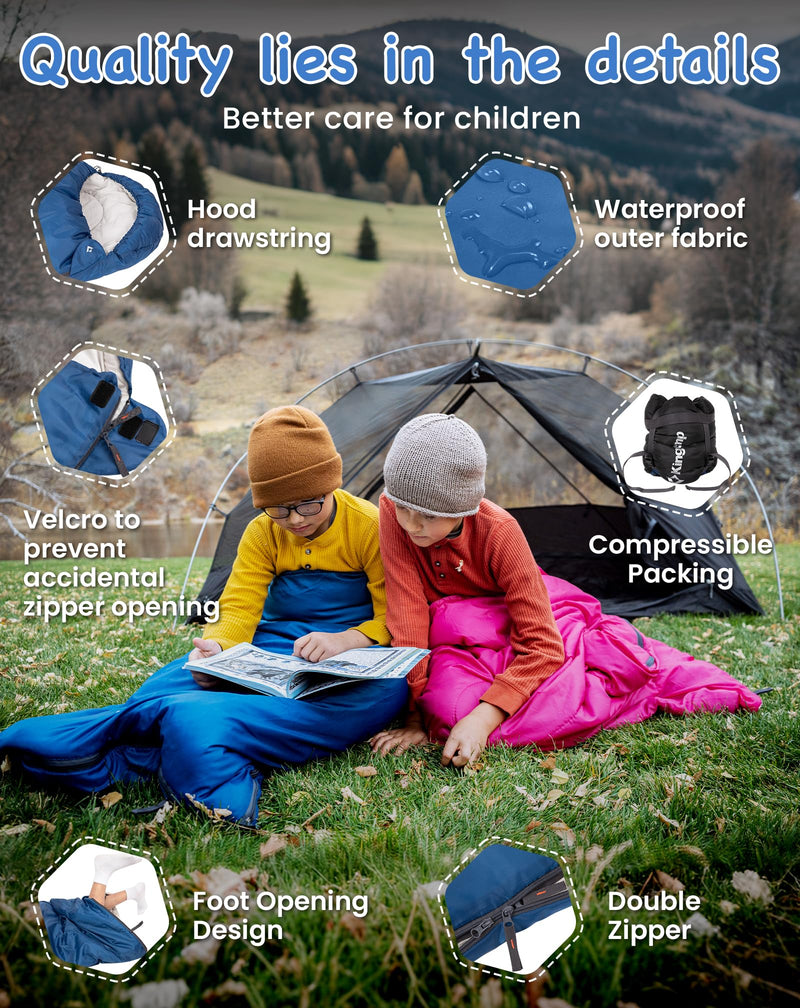 Load image into Gallery viewer, KingCamp Oasis 250S+ Kids Sleeping Bag | Hooded Envelope Bag with 100% Cotton Flannel Lining, 250g/m² Warm Insulation, Compression Sack for Camping, Sleepovers &amp; Home Use Navy
