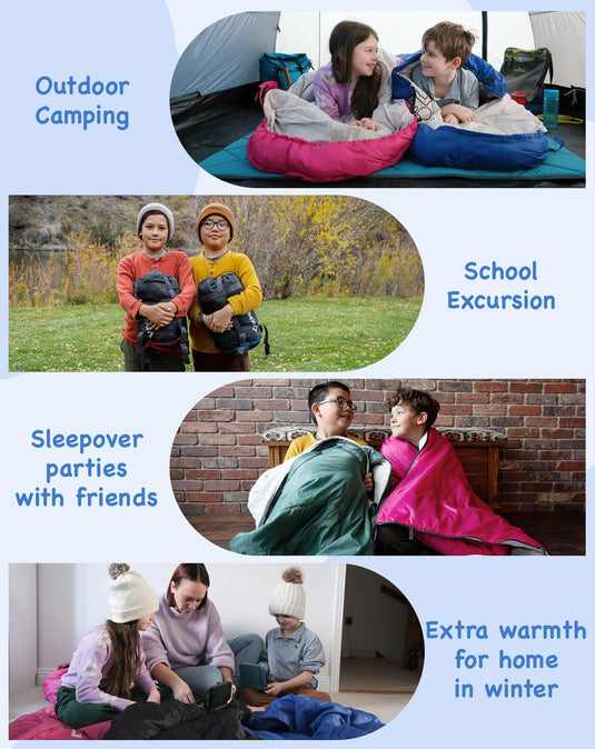 KingCamp Oasis 250S+ Kids Sleeping Bag | Hooded Envelope Bag with 100% Cotton Flannel Lining, 250g/m² Warm Insulation, Compression Sack for Camping, Sleepovers & Home Use Navy