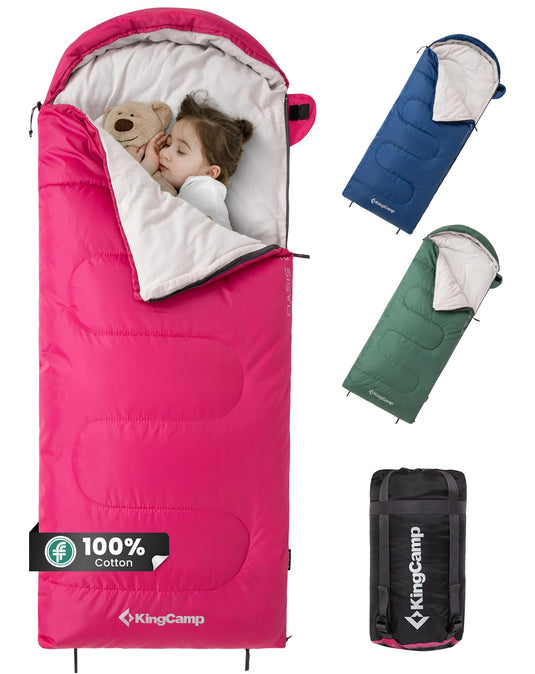 KingCamp Oasis 250S+ Kids Sleeping Bag, Hooded Youth Sleeping Bag for Camping, Soft Cotton Flannel Lining, 53.6°F Comfort, Compression Sack Included
