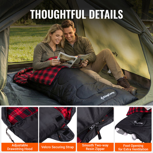 KingCamp Oasis C 350 Sleeping Bag | 3-Season Cotton Flannel-Lined Envelope Bag, 350g/m² Insulation, Soft & Warm Rectangular Camping Bag for Adults