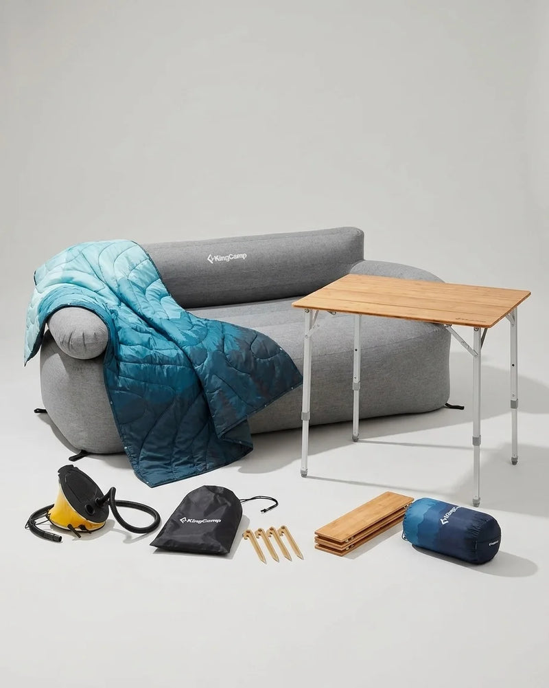 Laden Sie das Bild in Galerie -Viewer, KingCamp Outdoor Lounge Bundle | Inflatable Sofa, Bamboo Camping Table &amp; Cozy Blanket Set
