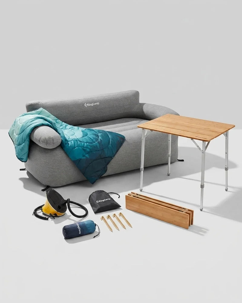 Laden Sie das Bild in Galerie -Viewer, KingCamp Outdoor Lounge Bundle | Inflatable Sofa, Bamboo Camping Table &amp; Cozy Blanket Set
