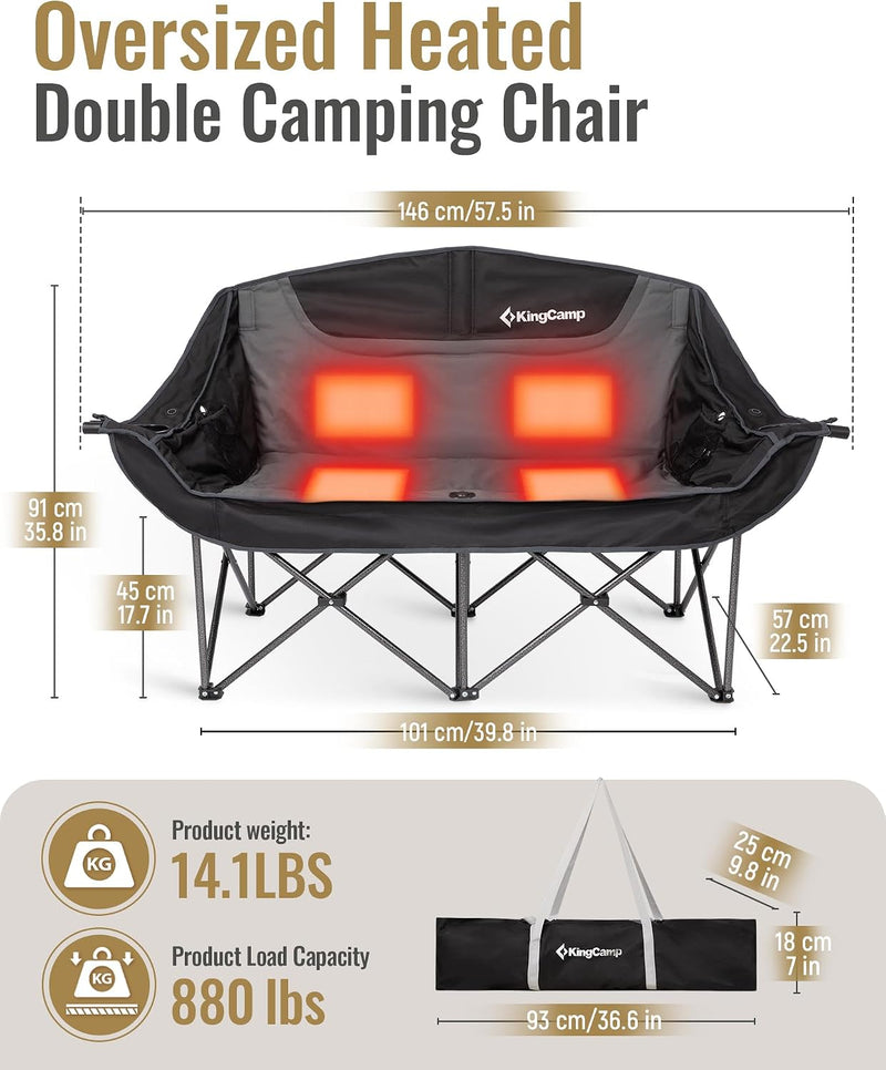 Load image into Gallery viewer, KingCamp Oversized Heated Double Camping Chair - 2-Person Oversized Padded Couples Chair with 3-Temperature Settings

