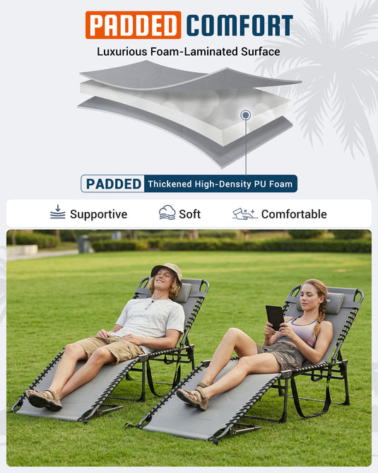 KingCamp Oversized Padded Lounge Chair | Extra-Wide & Long 7-Position Folding Sun Lounger with PADDED Thickened High-Density PU Foam