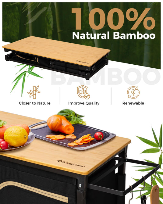 KingCamp Portable Camp Kitchen Table – 100% Natural Bamboo Top Grill Station with Windshield
