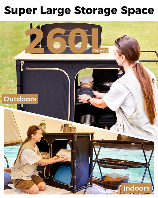 KingCamp Portable Camp Kitchen Table – Bamboo Top Grill Station with Windshield Super Large Storge Space
