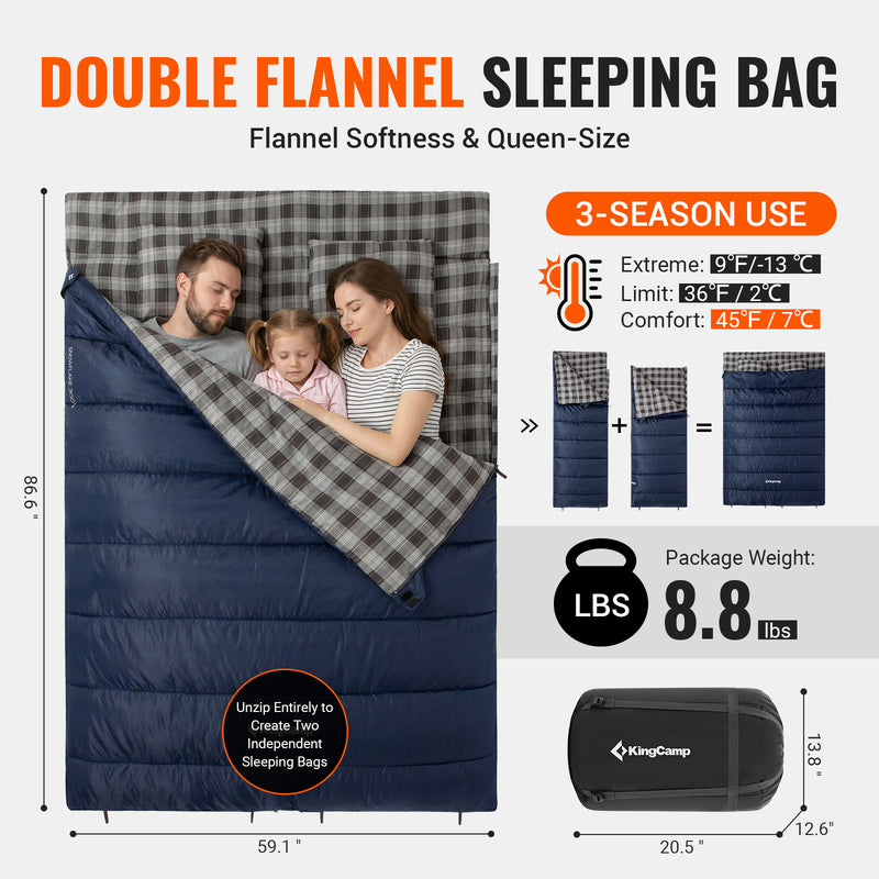 Load image into Gallery viewer, KingCamp Double Flannel Sleeping Bag with 2 Pillows, 3 Season Use
