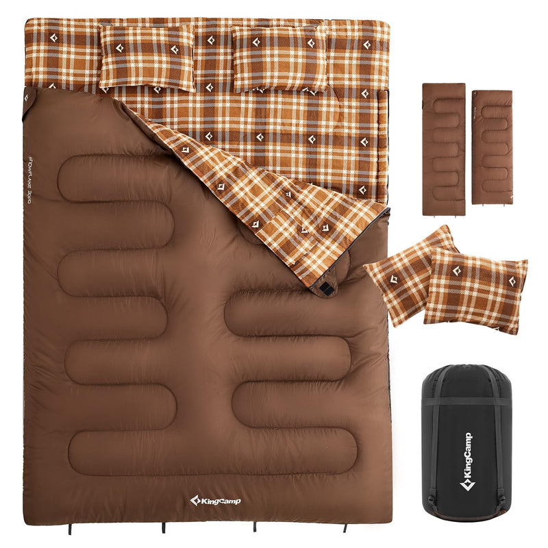 Load image into Gallery viewer, KingCamp Queen Size Double Sleeping Bag for 2 Adults – XXL Flannel Camping Sleeping Bag with 2 Pillows, Waterproof &amp; Lightweight, Converts to Two Singles, Perfect for Couples, Family Camping, Hiking (44°F Comfort Rating)
