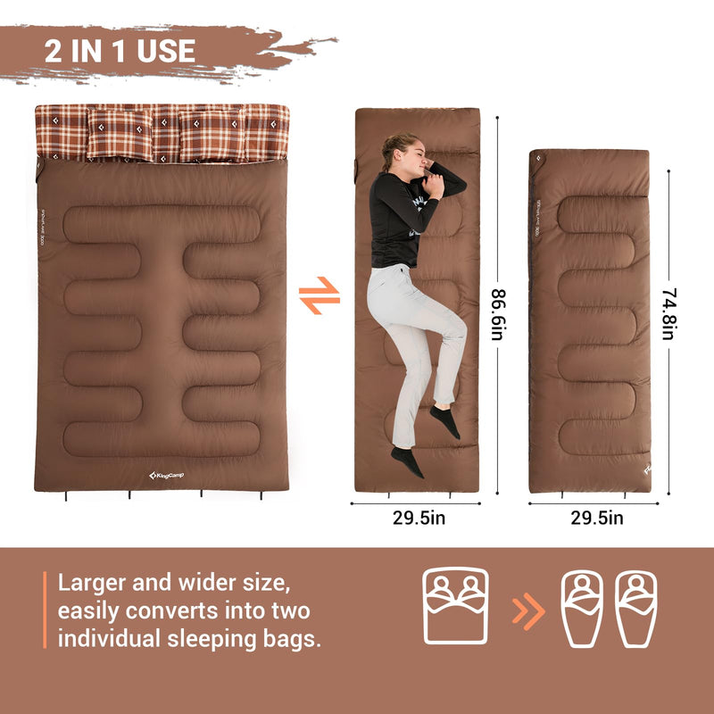 Load image into Gallery viewer, KingCamp Queen Size Double Sleeping Bag for 2 Adults – XXL Flannel Camping Sleeping Bag with 2 Pillows, Waterproof &amp; Lightweight, Converts to Two Singles, Perfect for Couples, Family Camping, Hiking (44°F Comfort Rating)
