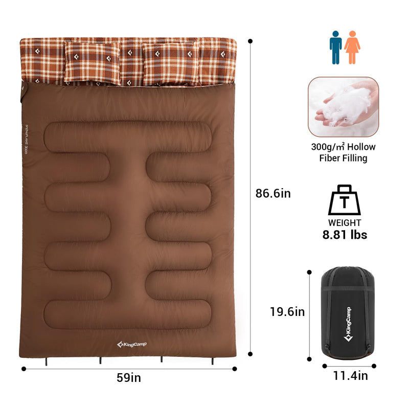 Load image into Gallery viewer, KingCamp Queen Size Double Sleeping Bag for 2 Adults – XXL Flannel Camping Sleeping Bag with 2 Pillows, Waterproof &amp; Lightweight, Converts to Two Singles, Perfect for Couples, Family Camping, Hiking (44°F Comfort Rating)
