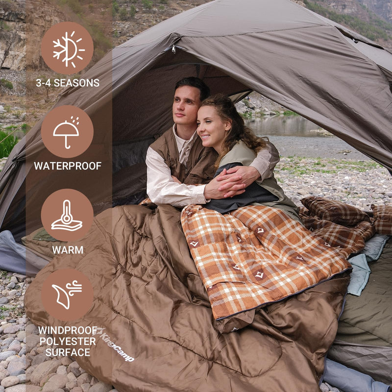 Load image into Gallery viewer, KingCamp Queen Size Double Sleeping Bag for 2 Adults – XXL Flannel Camping Sleeping Bag with 2 Pillows, Waterproof &amp; Lightweight, Converts to Two Singles, Perfect for Couples, Family Camping, Hiking (44°F Comfort Rating)
