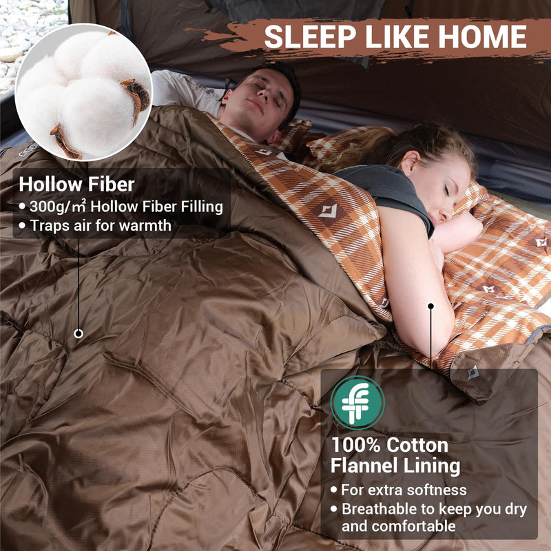 Load image into Gallery viewer, KingCamp Queen Size Double Sleeping Bag for 2 Adults – XXL Flannel Camping Sleeping Bag with 2 Pillows, Waterproof &amp; Lightweight, Converts to Two Singles, Perfect for Couples, Family Camping, Hiking (44°F Comfort Rating)
