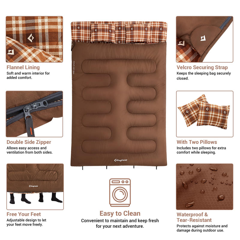 Load image into Gallery viewer, KingCamp Queen Size Double Sleeping Bag for 2 Adults – XXL Flannel Camping Sleeping Bag with 2 Pillows, Waterproof &amp; Lightweight, Converts to Two Singles, Perfect for Couples, Family Camping, Hiking (44°F Comfort Rating)
