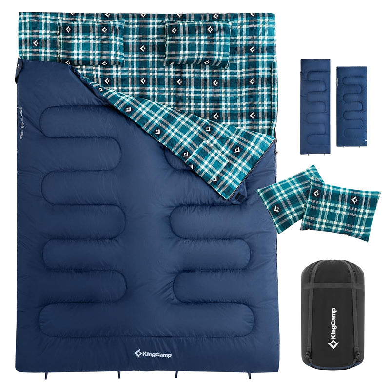 Load image into Gallery viewer, KingCamp Queen Size Double Sleeping Bag for 2 Adults – XXL Flannel Camping Sleeping Bag with 2 Pillows, Waterproof &amp; Lightweight, Converts to Two Singles, Perfect for Couples, Family Camping, Hiking (44°F Comfort Rating)
