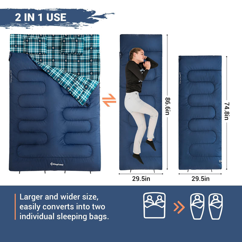Load image into Gallery viewer, KingCamp Queen Size Double Sleeping Bag for 2 Adults – 2 in 1 Use

