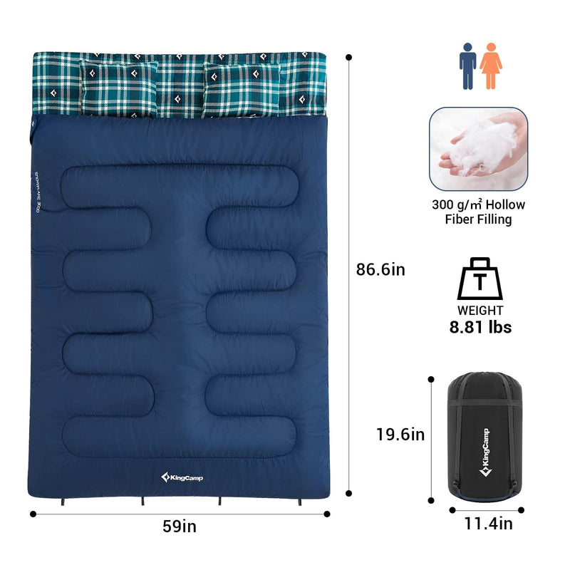 Load image into Gallery viewer, KingCamp Queen Size Double Sleeping Bag for 2 Adults – XXL Flannel Camping Sleeping Bag with 2 Pillows, Waterproof &amp; Lightweight, Converts to Two Singles, Perfect for Couples, Family Camping, Hiking (44°F Comfort Rating)
