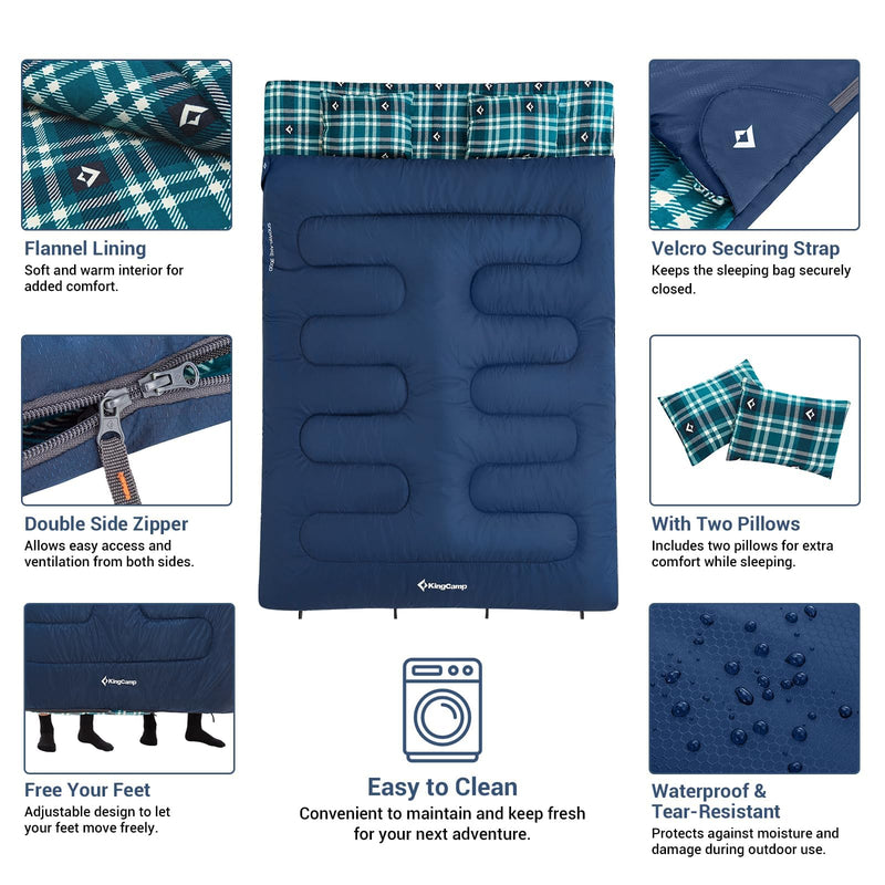 Load image into Gallery viewer, KingCamp Queen Size Double Sleeping Bag for 2 Adults – XXL Flannel Camping Sleeping Bag with 2 Pillows, Waterproof &amp; Lightweight, Converts to Two Singles, Perfect for Couples, Family Camping, Hiking (44°F Comfort Rating) Easy to Clean

