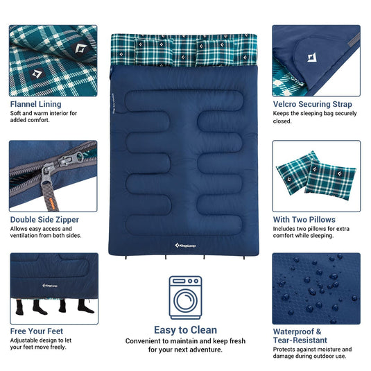 KingCamp Queen Size Double Sleeping Bag for 2 Adults – XXL Flannel Camping Sleeping Bag with 2 Pillows, Waterproof & Lightweight, Converts to Two Singles, Perfect for Couples, Family Camping, Hiking (44°F Comfort Rating) Easy to Clean