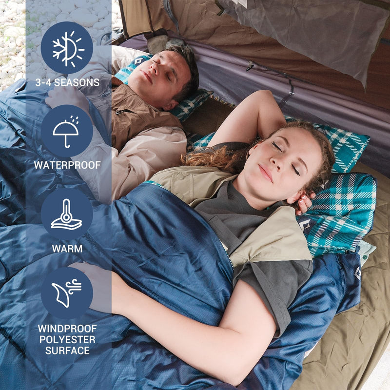Load image into Gallery viewer, KingCamp Queen Size Double Sleeping Bag for 2 Adults – XXL Flannel Camping Sleeping Bag with 2 Pillows, Waterproof &amp; Lightweight, Converts to Two Singles, Perfect for Couples, Family Camping, Hiking (44°F Comfort Rating)
