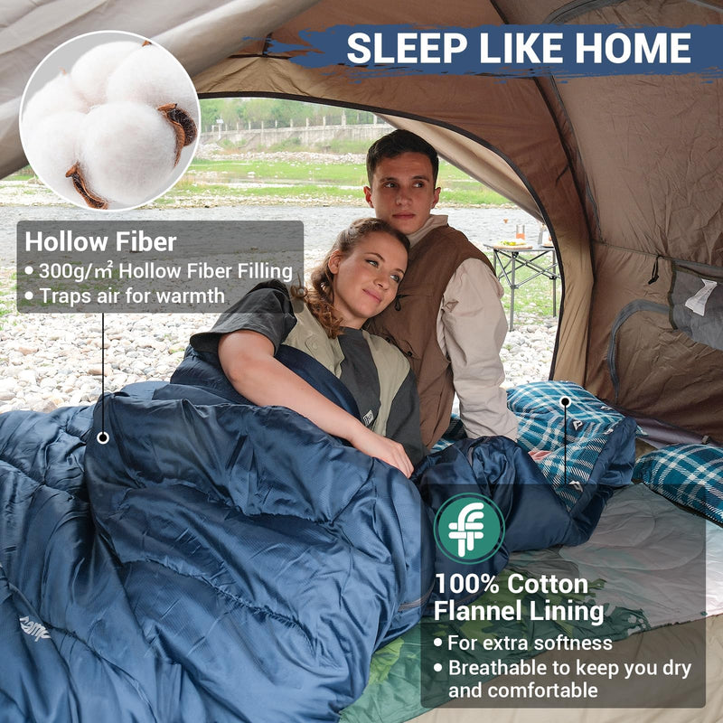 Load image into Gallery viewer, KingCamp Queen Size Double Sleeping Bag for 2 Adults – XXL Flannel Camping Sleeping Bag with 2 Pillows, Waterproof &amp; Lightweight, Converts to Two Singles, Perfect for Couples, Family Camping, Hiking (44°F Comfort Rating)
