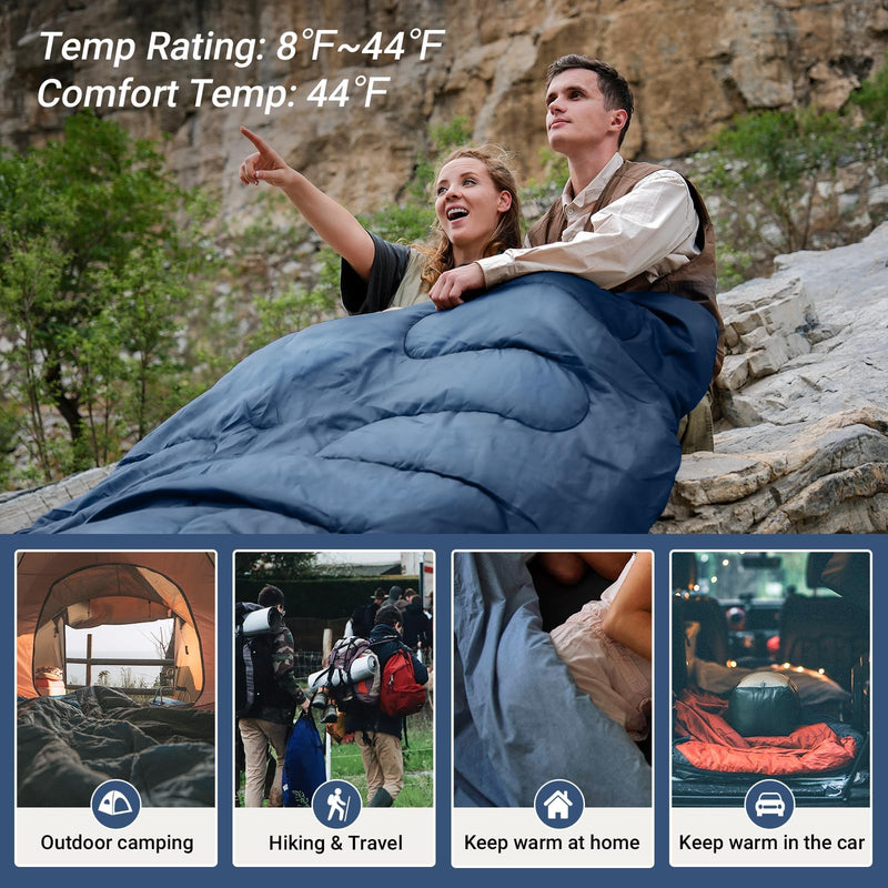 Load image into Gallery viewer, KingCamp Queen Size Double Sleeping Bag for 2 Adults – XXL Flannel Camping Sleeping Bag with 2 Pillows, Waterproof &amp; Lightweight, Converts to Two Singles, Perfect for Couples, Family Camping, Hiking (44°F Comfort Rating)
