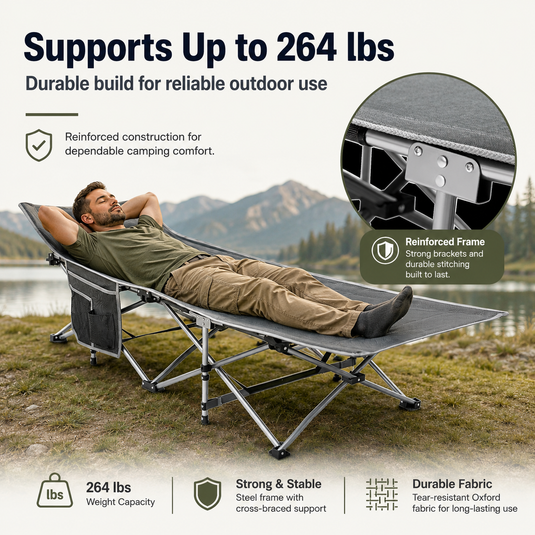 KingCamp Ravon C10 Camping Cot | Quick-Folding 10-Leg Cot with Ergonomic Raised Head, 264lb Capacity, Padded Headrest & Side Pocket