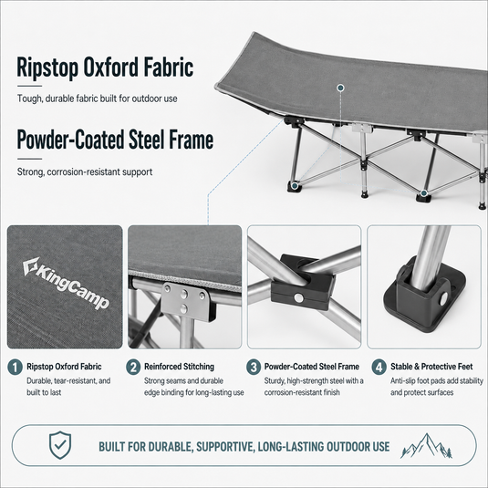 KingCamp Ravon C10 Camping Cot | Quick-Folding 10-Leg Cot with Ergonomic Raised Head, 264lb Capacity, Padded Headrest & Side Pocket