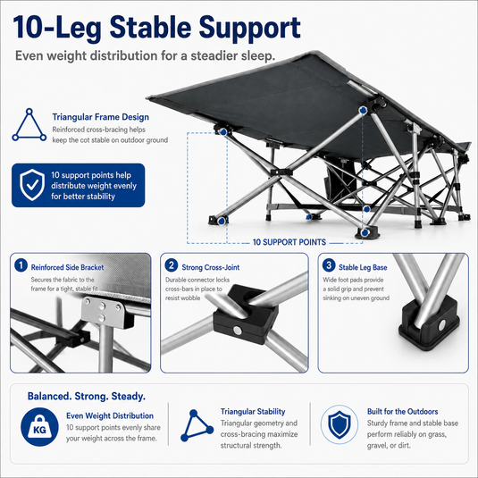 KingCamp Ravon C10 Camping Cot | Quick-Folding 10-Leg Cot with Ergonomic Raised Head, 264lb Capacity, Padded Headrest & Side Pocket