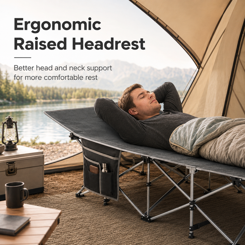 Laden Sie das Bild in Galerie -Viewer, KingCamp Ravon C10 Camping Cot | Quick-Folding 10-Leg Cot with Ergonomic Raised Head, 264lb Capacity, Padded Headrest &amp; Side Pocket
