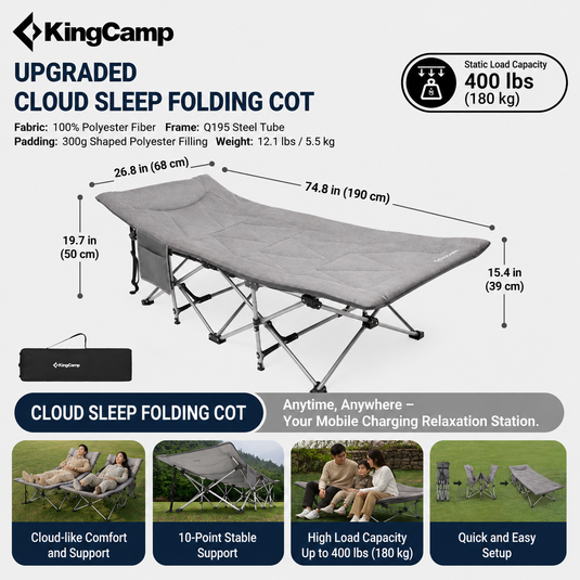 KingCamp Ravon C20 Folding Camping Cot | 10-Leg Stability Cot with Padded Quilted Bed, Ergonomic Raised Headrest, 400lb Capacity, Quick-Fold Design for Camping, Guest & Emergency Use