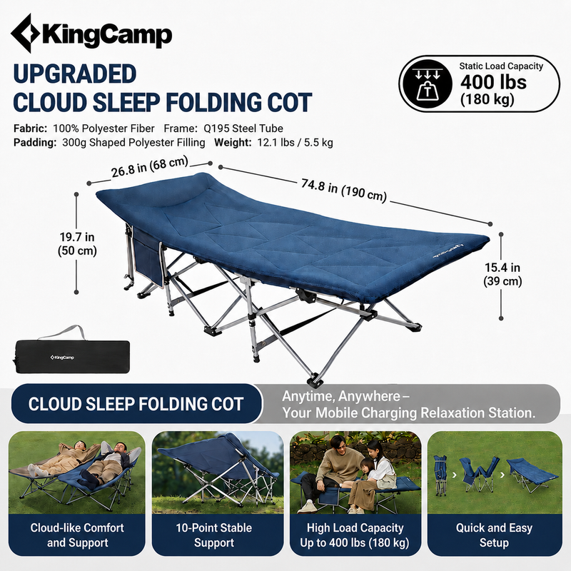 Laden Sie das Bild in Galerie -Viewer, KingCamp Ravon C20 Folding Camping Cot, 400 lbs Heavy Duty Portable Sleeping Bed with Padded Headrest, 10-Leg Steel Frame &amp; Side Pocket
