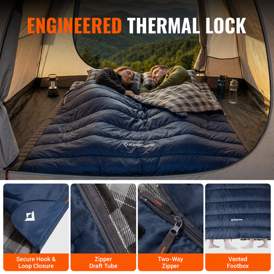 KingCamp SNOWFLAKE 300D+ Double Sleeping Bag | Queen-Size 2-Person Flannel Sleeping Bag, 3-in-1 Convertible to 2 Single Bags