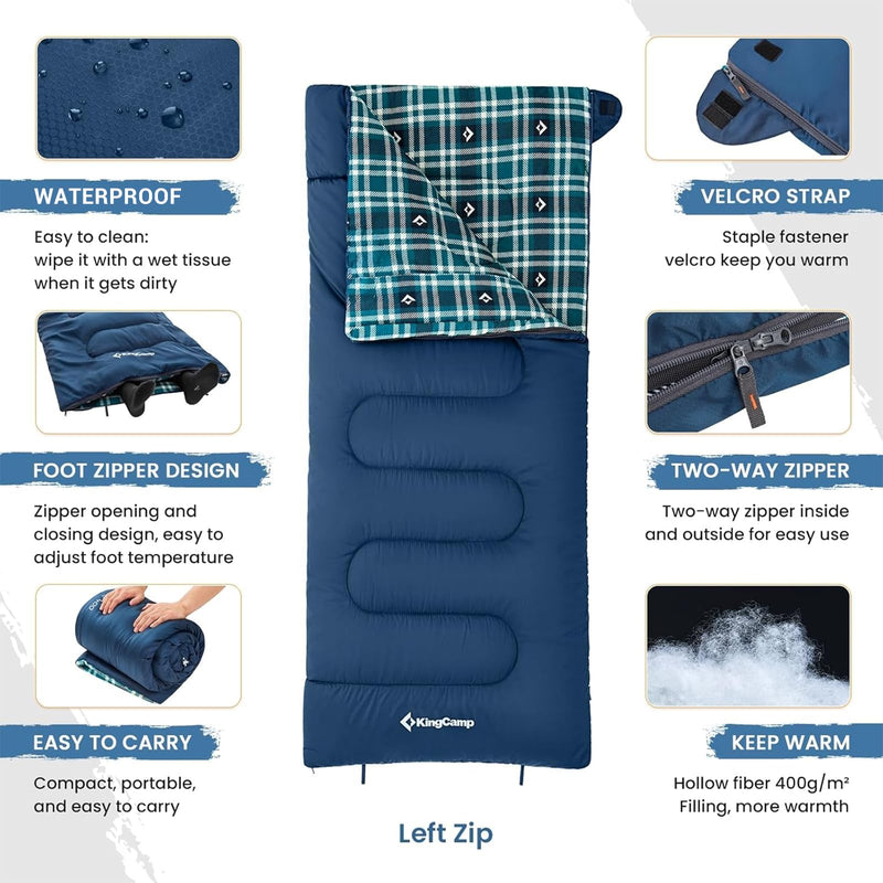 Load image into Gallery viewer, KingCamp SNOWFLAKE 400 Versatile All-Season Sleeping Bag – Wide, Convertible to Double, Flannel Lined for Camping, Hiking, and Outdoor Adventures
