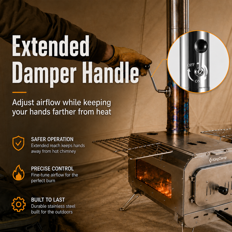 Load image into Gallery viewer, KingCamp SUREFIRE L2 Hot Tent Stove, Large Stainless Steel Wood Burning Tent Stove with Viewing Window, Chimney Pipes, Fire Mat &amp; Grill Grates

