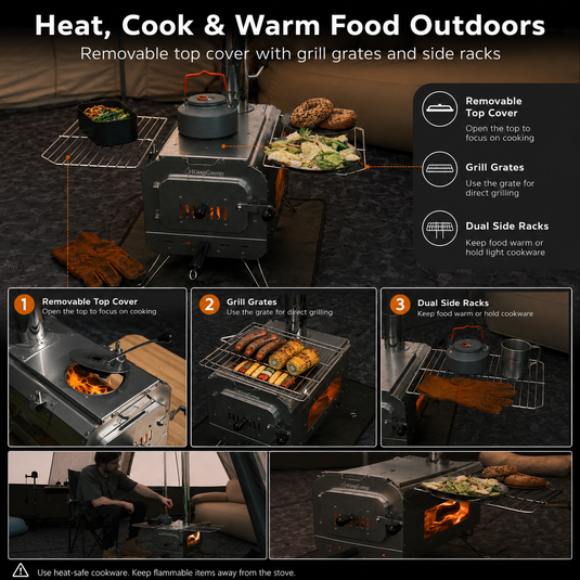 KingCamp SUREFIRE L2 Hot Tent Stove, Large Stainless Steel Wood Burning Tent Stove with Viewing Window, Chimney Pipes, Fire Mat & Grill Grates