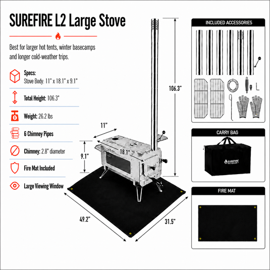 KingCamp SUREFIRE L2 Hot Tent Stove, Large Stainless Steel Wood Burning Tent Stove with Viewing Window, Chimney Pipes, Fire Mat & Grill Grates