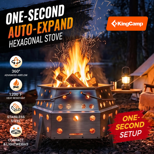 KingCamp Smokeless Fire Pit, 1-Second Setup Collapsible Wood Burning Fire Pit ONE-SECOND AUTO-EXPAND HEXAGONAL STOVE