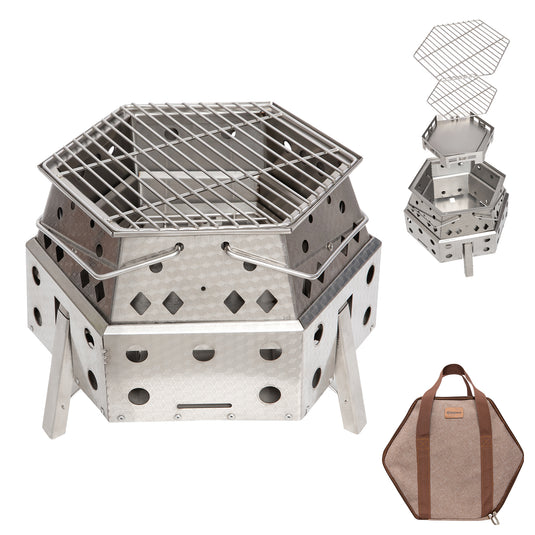 KingCamp Smokeless Fire Pit, 1-Second Setup Collapsible Wood Burning Fire Pit with 304 Stainless Steel Grill Rack, Carry Bag, for Camping, Patio & RV